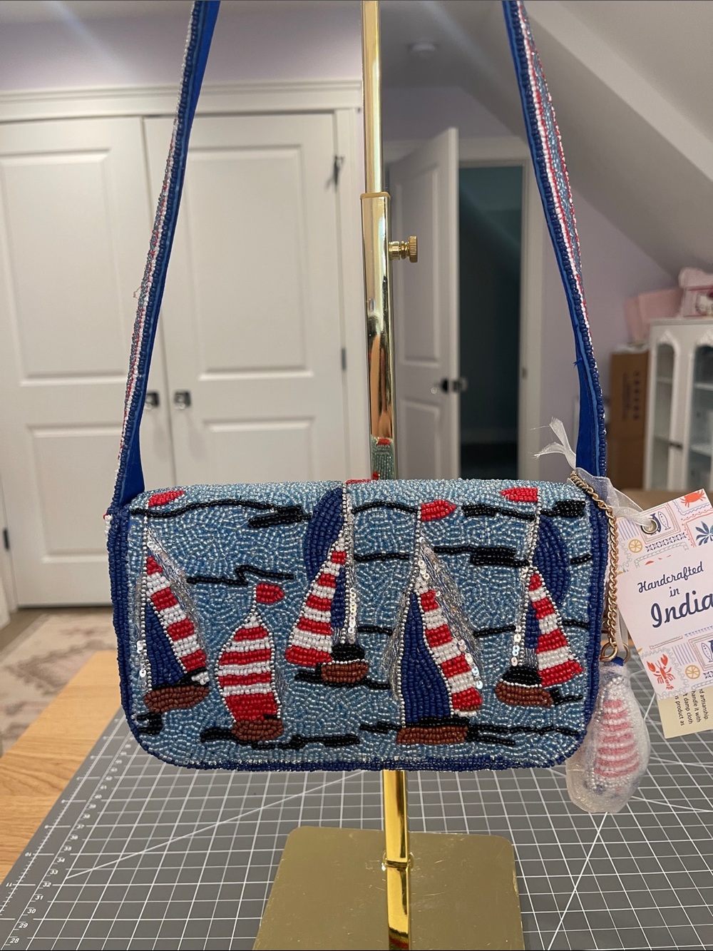 Handcrafted Blue Beaded Sailboat Shoulder Bag NWT